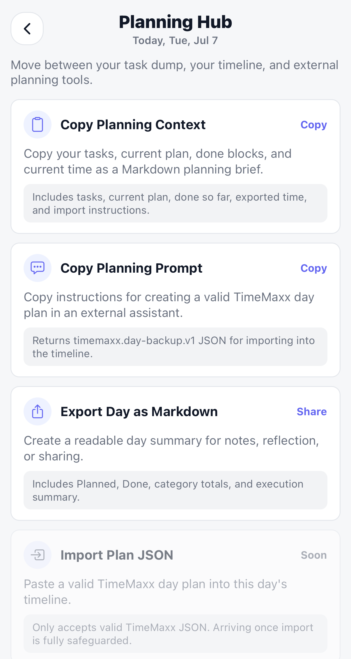 TimeMaxx Planning Hub screen showing Copy Planning Context, Copy Planning Prompt, Export Day as Markdown, and Import Plan JSON.