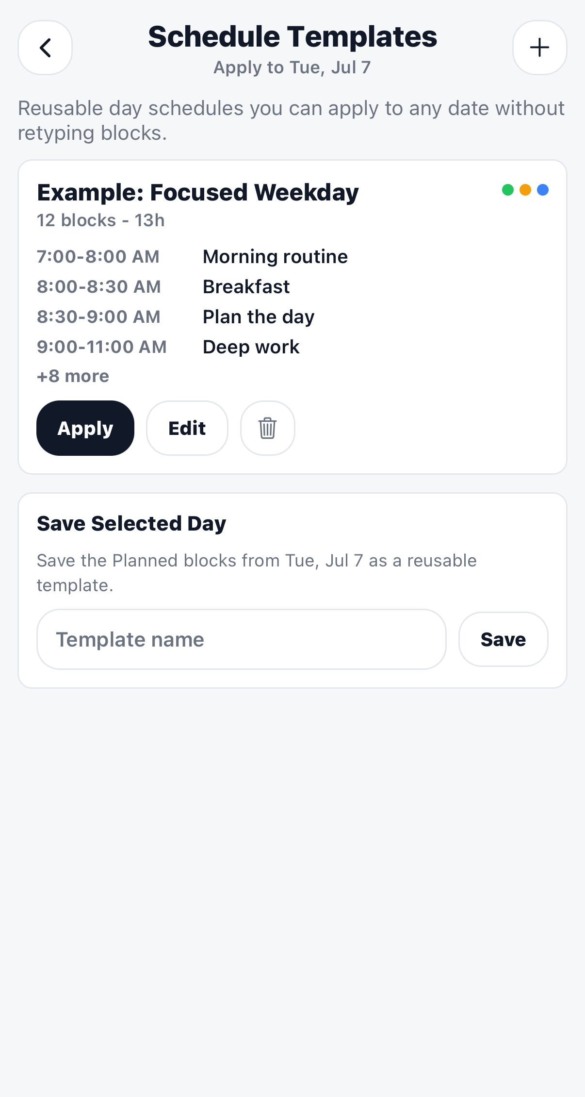 TimeMaxx Schedule Templates screen showing an example focused weekday template and save selected day controls.