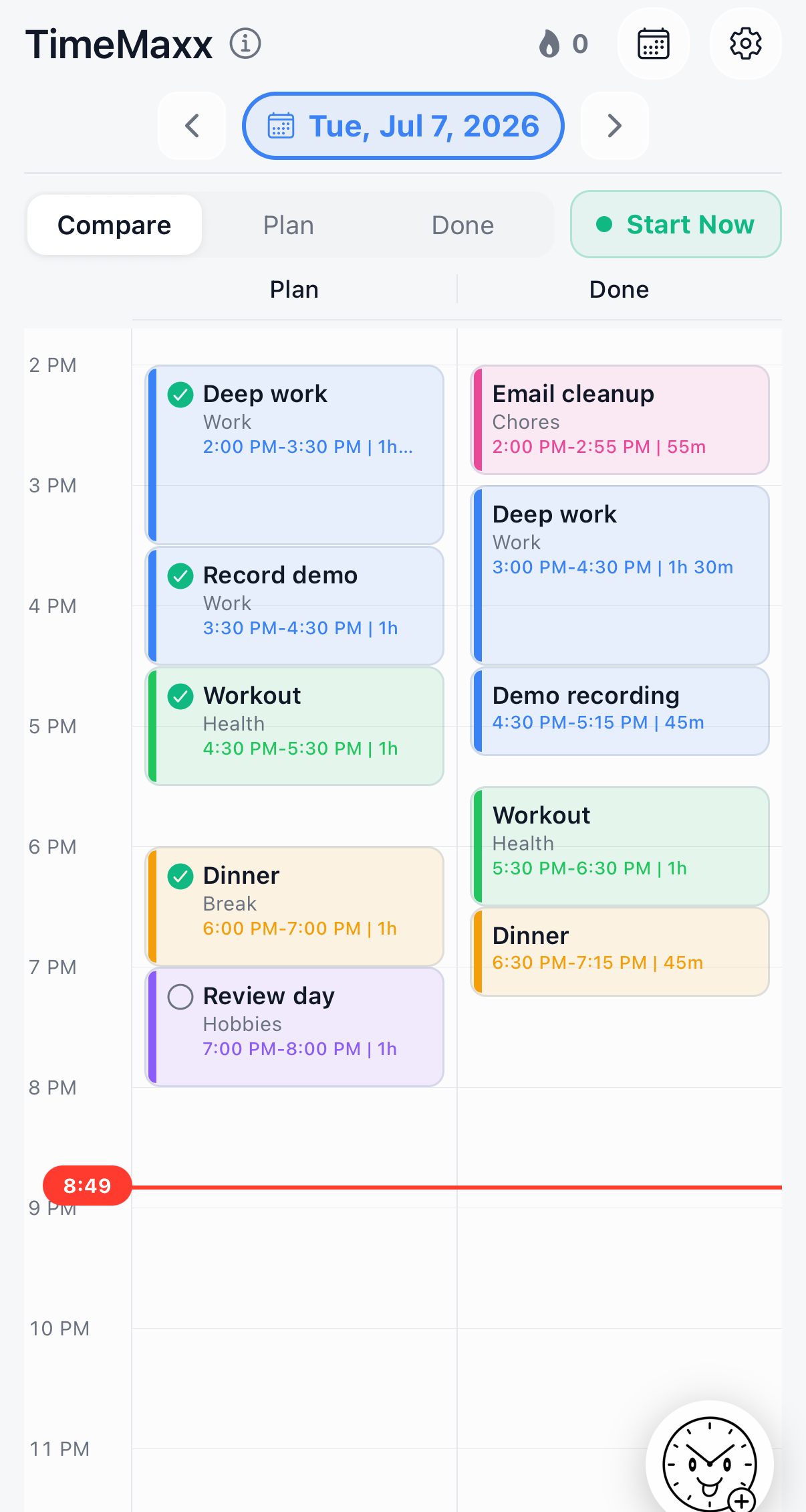 TimeMaxx timeline showing Planned and Done lanes, Start Now, sample blocks, and the quick action clock button.